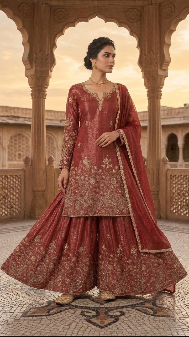 Urban Copper-Red Embroidered Flared Ensemble